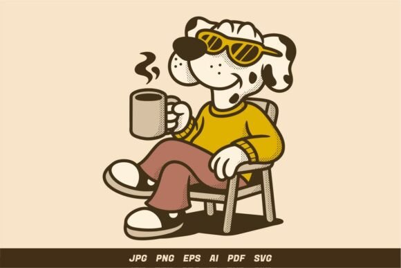 Retro Dog Drinking Coffee Illustration